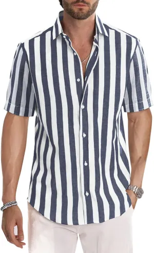 JMIERR Men's Casual Stylish Short Sleeve Button-Up Striped Dress Shirts Cotton Beach Shirt