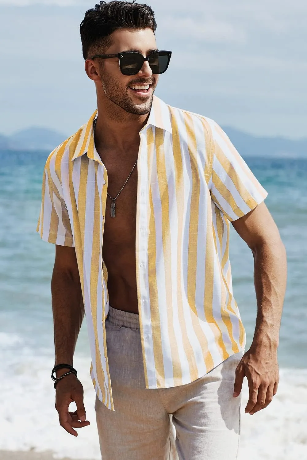 JMIERR Men's Casual Stylish Short Sleeve Button-Up Striped Dress Shirts Cotton Beach Shirt