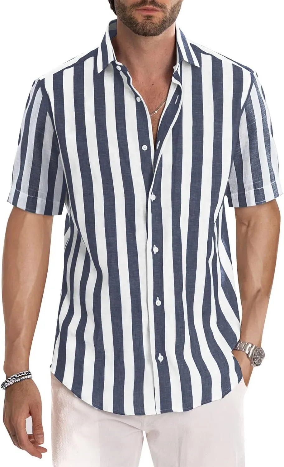JMIERR Men's Casual Stylish Short Sleeve Button-Up Striped Dress Shirts Cotton Beach Shirt