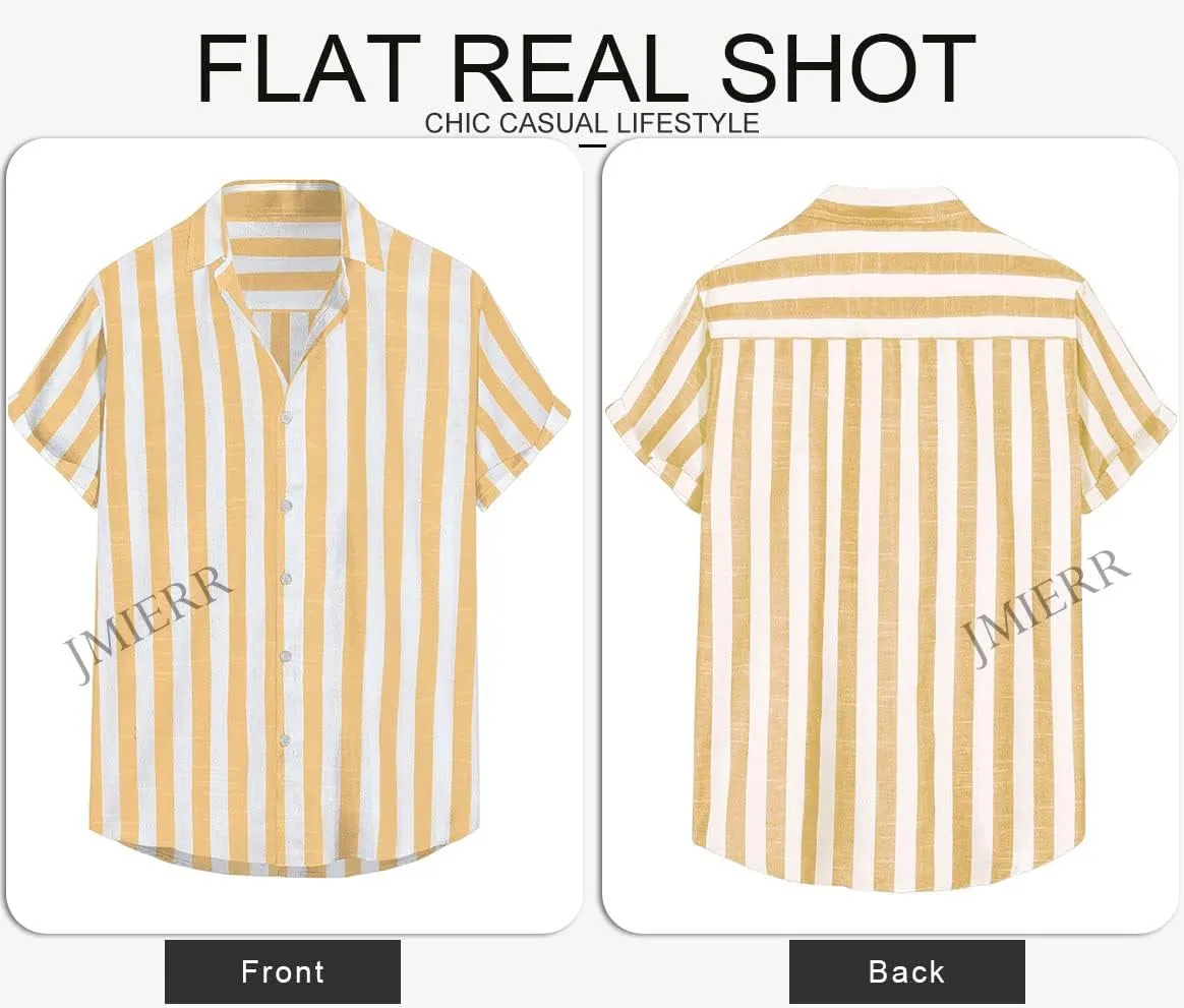 JMIERR Men's Casual Stylish Short Sleeve Button-Up Striped Dress Shirts Cotton Beach Shirt