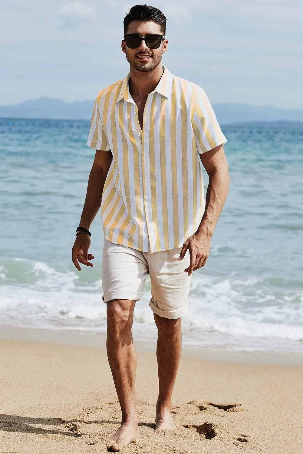 JMIERR Men's Casual Stylish Short Sleeve Button-Up Striped Dress Shirts Cotton Beach Shirt