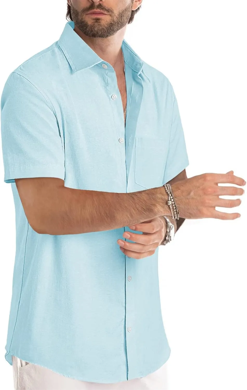 JMIERR Men's Casual Stylish Short Sleeve Button-Up Striped Dress Shirts Cotton Beach Shirt