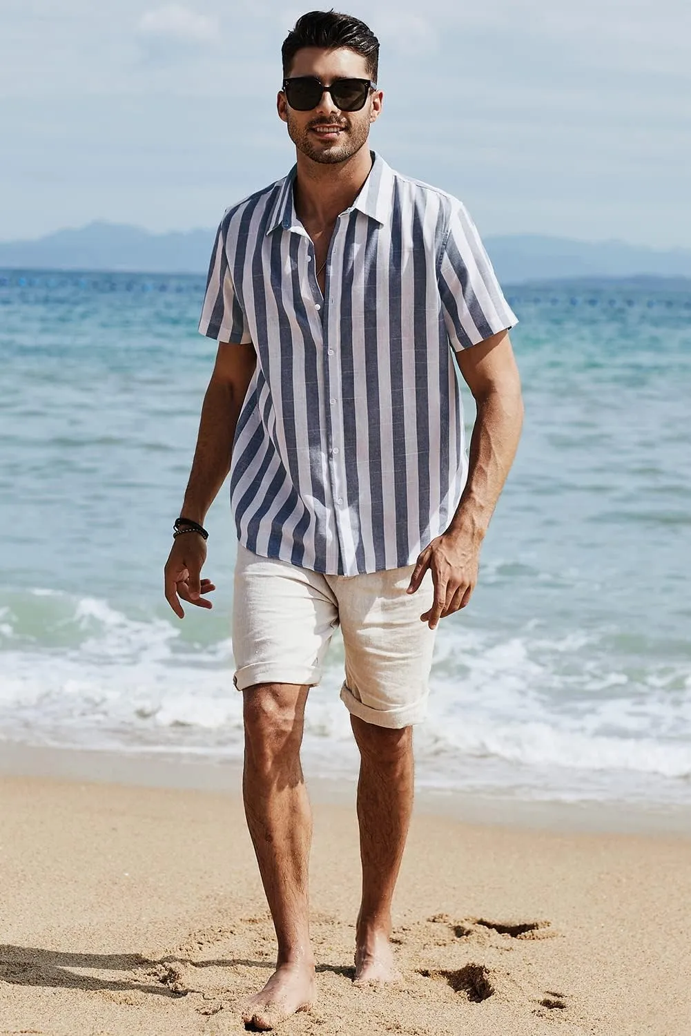 JMIERR Men's Casual Stylish Short Sleeve Button-Up Striped Dress Shirts Cotton Beach Shirt