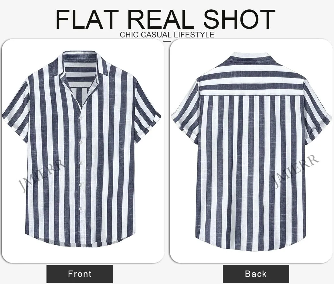 JMIERR Men's Casual Stylish Short Sleeve Button-Up Striped Dress Shirts Cotton Beach Shirt