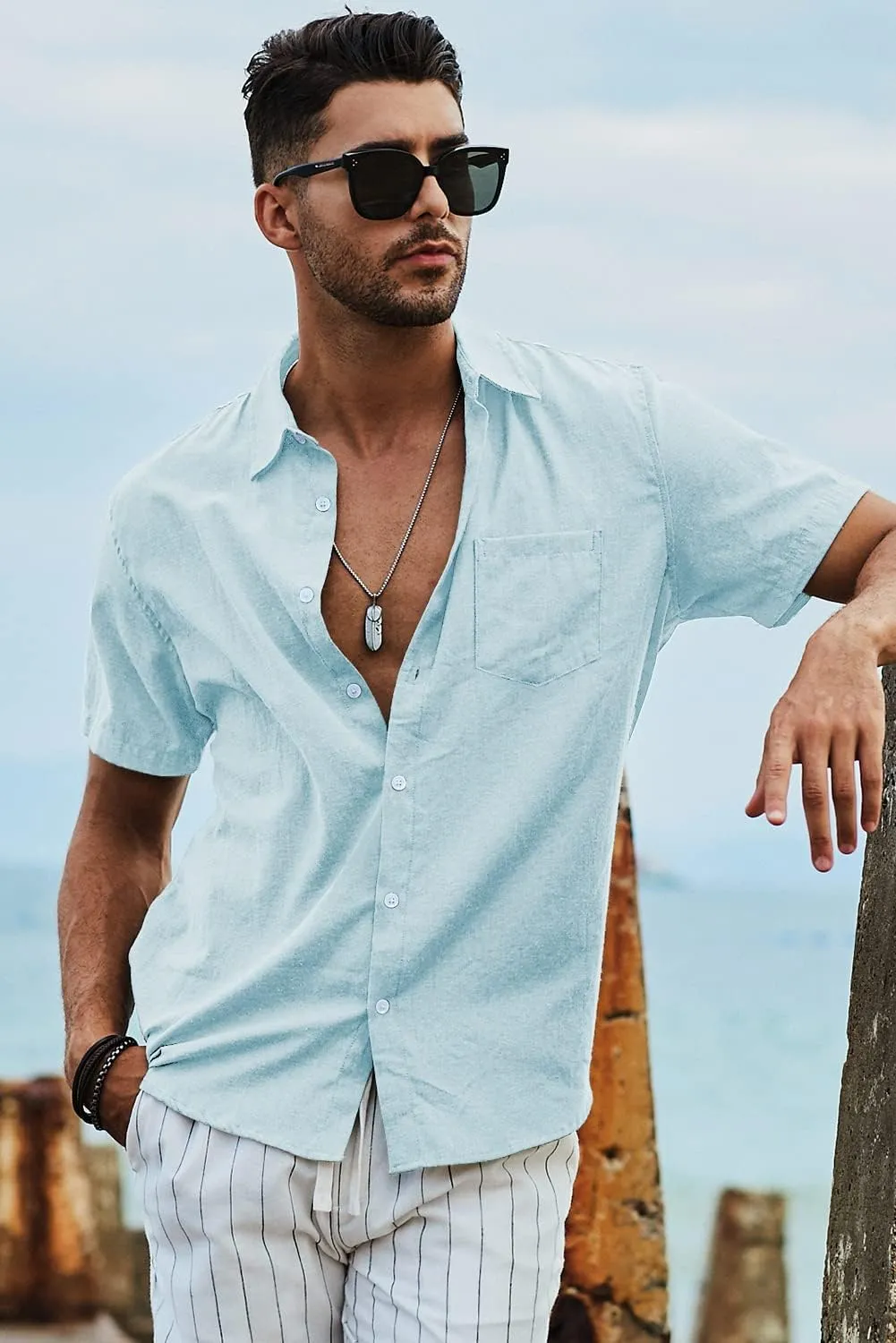 JMIERR Men's Casual Stylish Short Sleeve Button-Up Striped Dress Shirts Cotton Beach Shirt