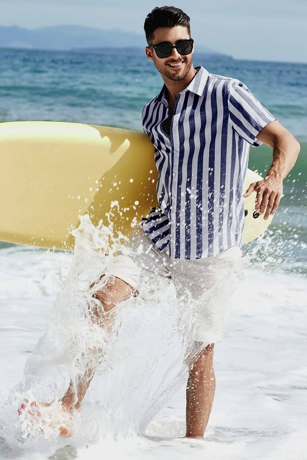 JMIERR Men's Casual Stylish Short Sleeve Button-Up Striped Dress Shirts Cotton Beach Shirt