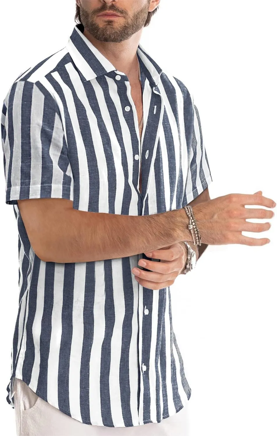 JMIERR Men's Casual Stylish Short Sleeve Button-Up Striped Dress Shirts Cotton Beach Shirt