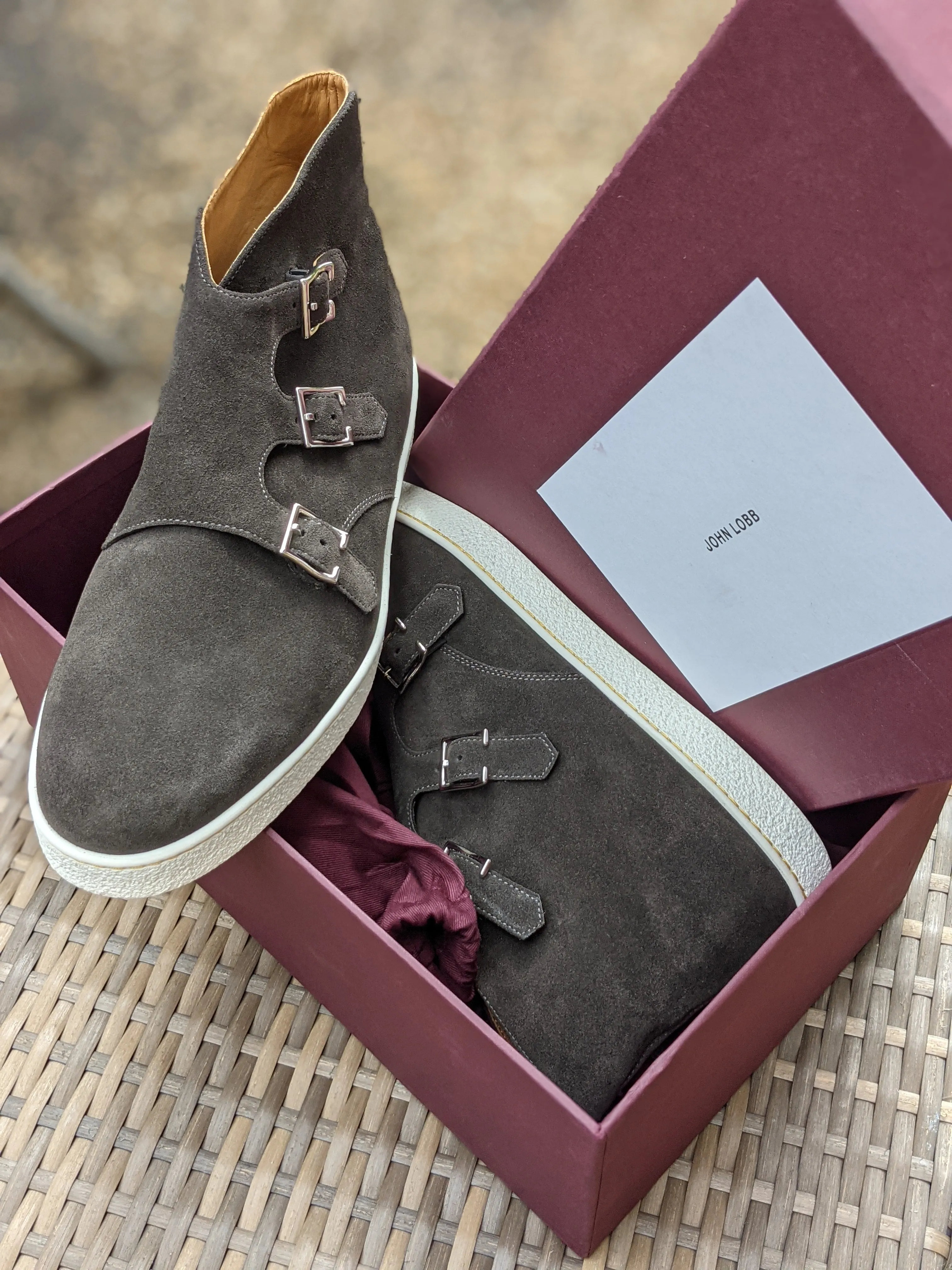 John Lobb - Howell Triple Monks - Grey Suede and white sole - UK10.5 - E fitting
