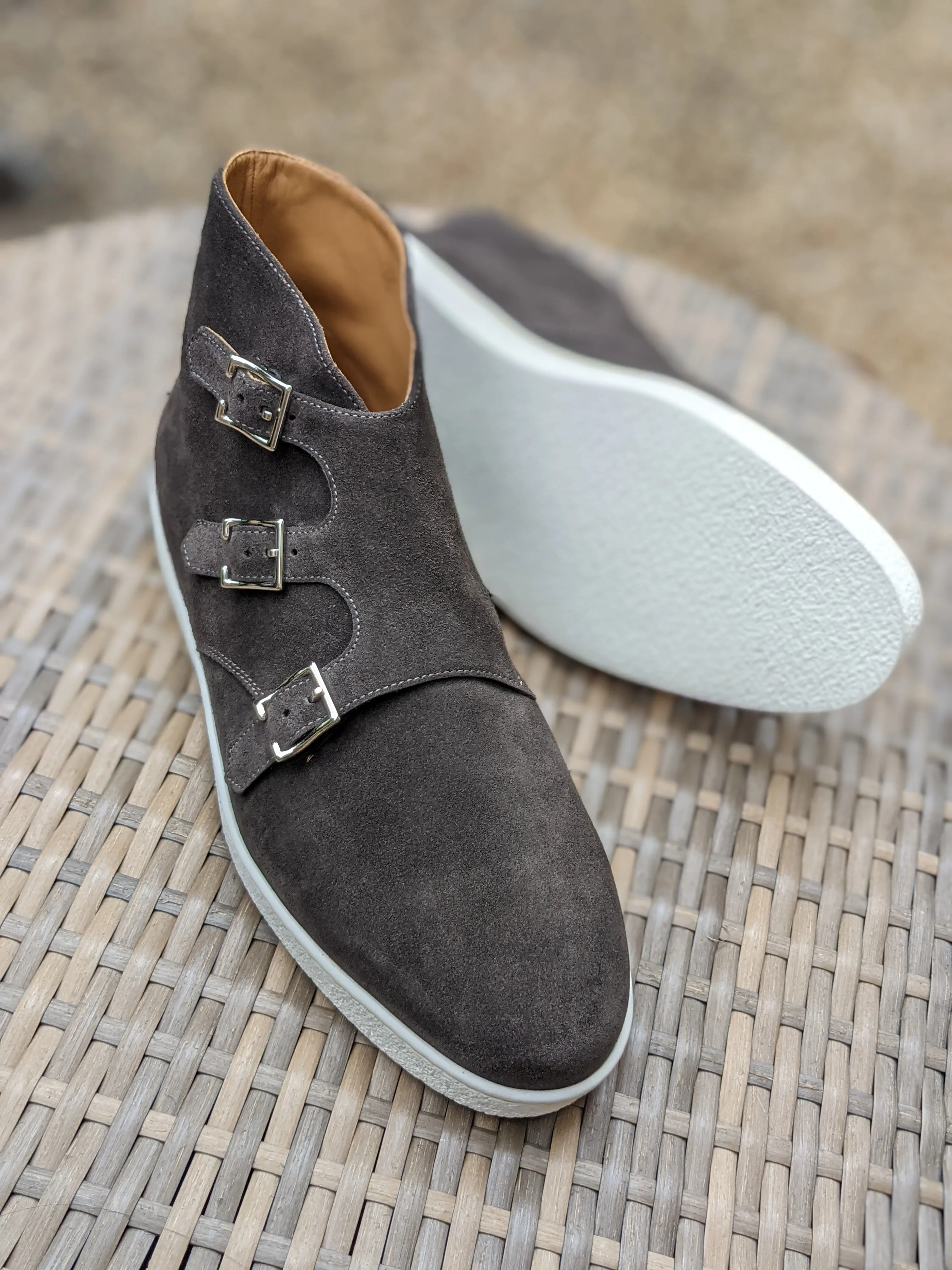 John Lobb - Howell Triple Monks - Grey Suede and white sole - UK10.5 - E fitting