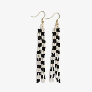 June Mini Checked Beaded Fringe Earrings - Black & White