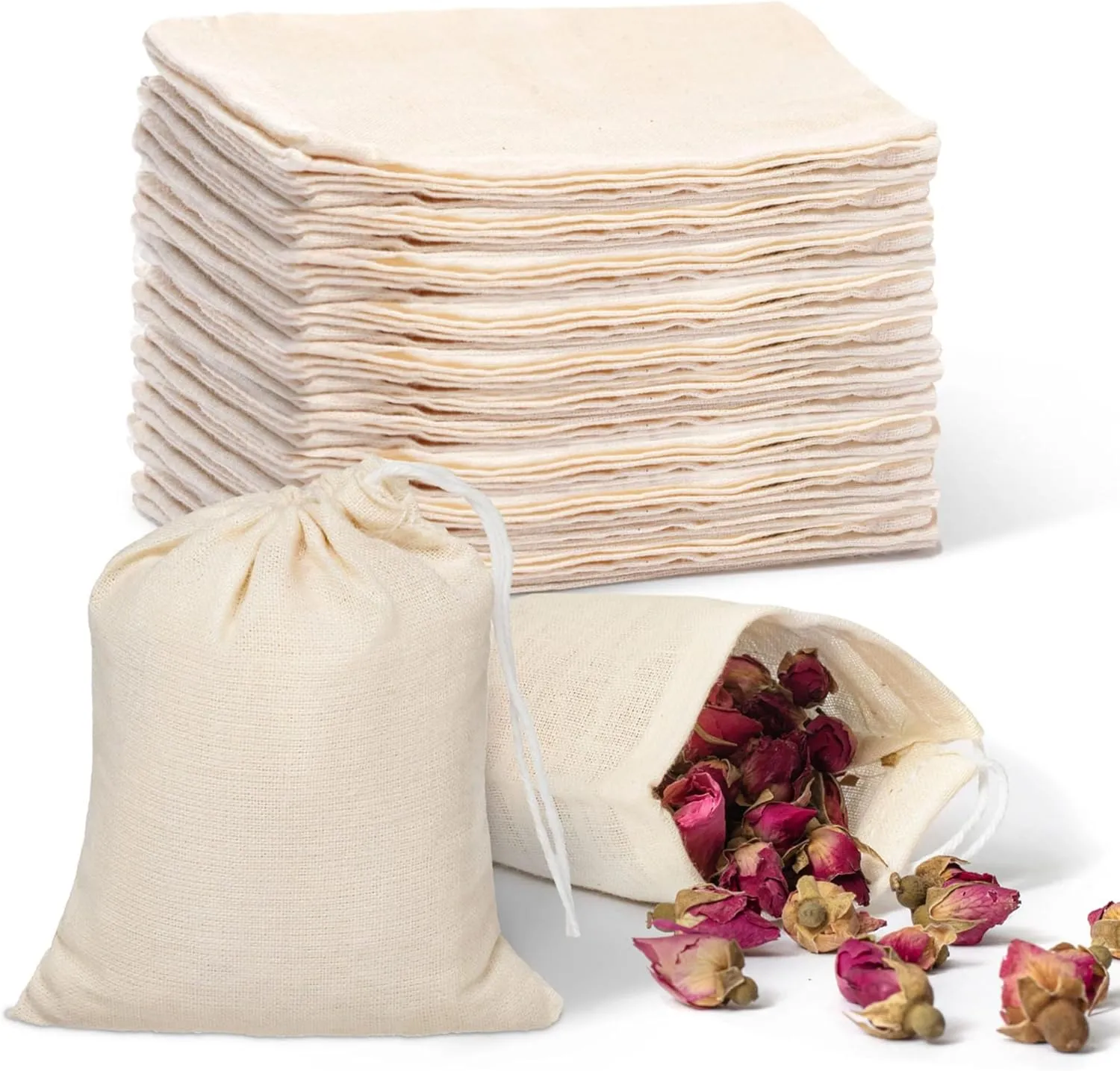 JW CRAFT Reusable Cotton Muslin Drawstring Bags 6x8 Inches 50 Pack Floral Pattern Gift Bags for Multiple Occasions