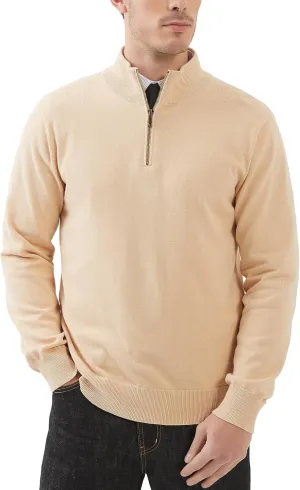 Kallspin Men's Quarter-Zip Sweater Pure Cotton Mock Neck Knit Long Sleeve Pullover Sweater