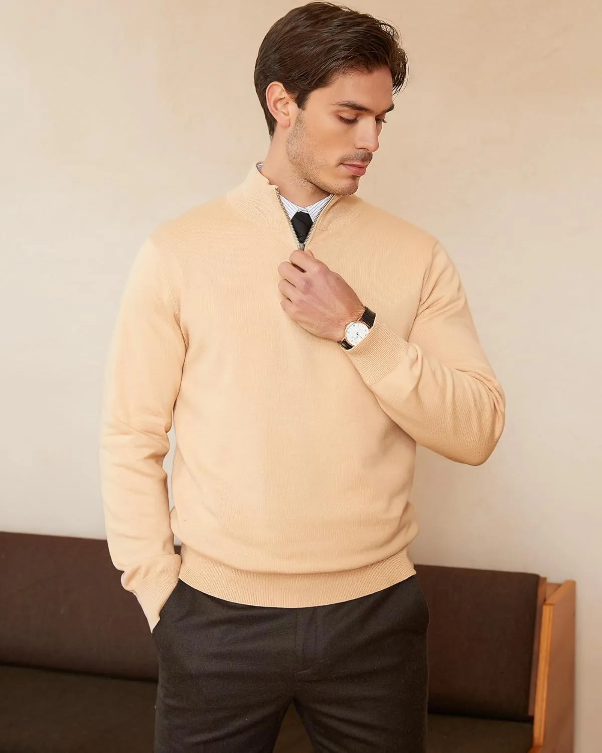 Kallspin Men's Quarter-Zip Sweater Pure Cotton Mock Neck Knit Long Sleeve Pullover Sweater