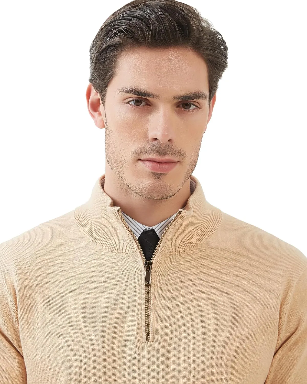 Kallspin Men's Quarter-Zip Sweater Pure Cotton Mock Neck Knit Long Sleeve Pullover Sweater