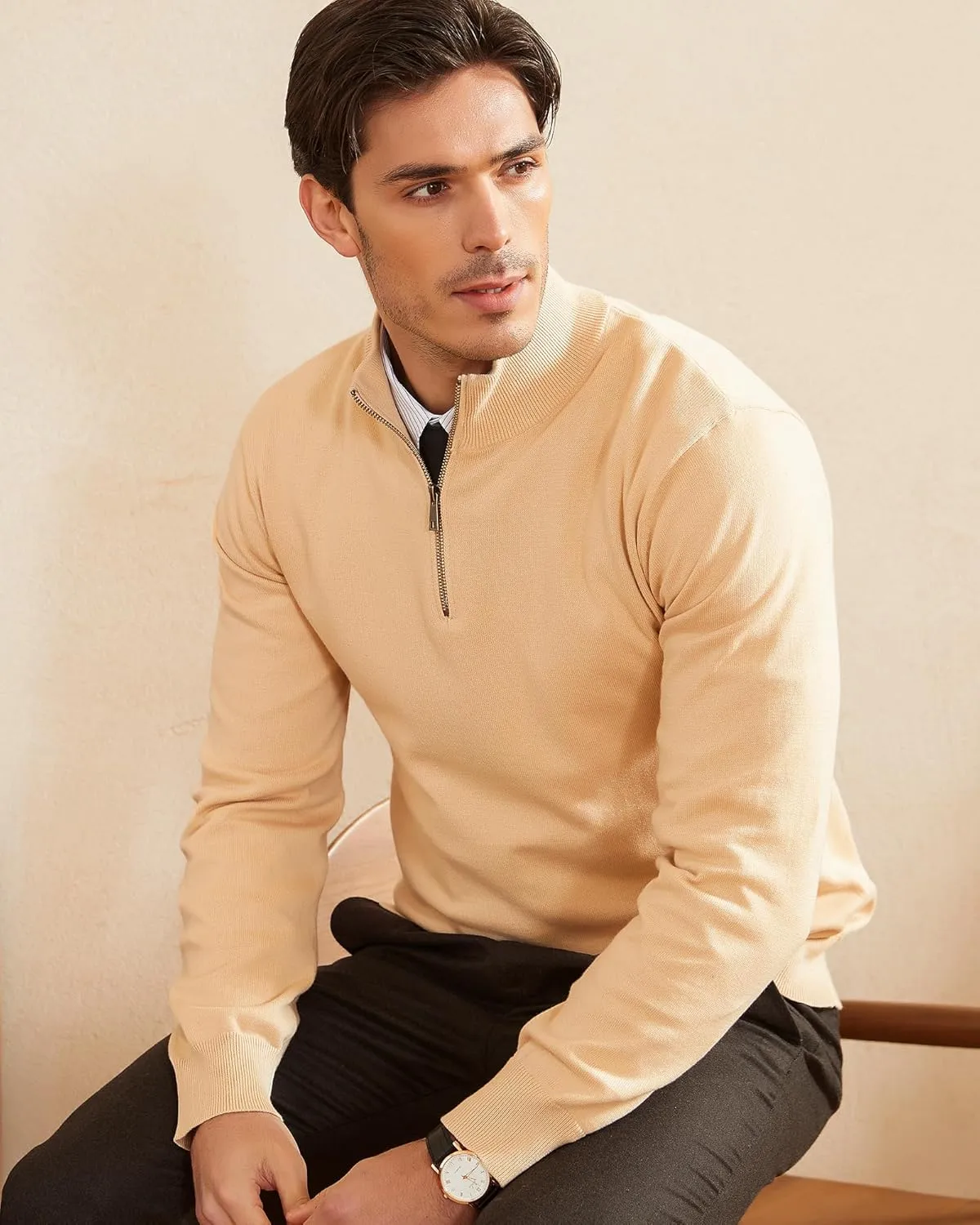 Kallspin Men's Quarter-Zip Sweater Pure Cotton Mock Neck Knit Long Sleeve Pullover Sweater