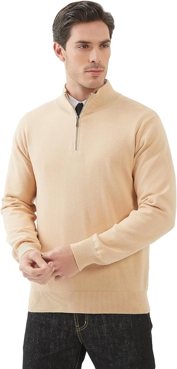 Kallspin Men's Quarter-Zip Sweater Pure Cotton Mock Neck Knit Long Sleeve Pullover Sweater