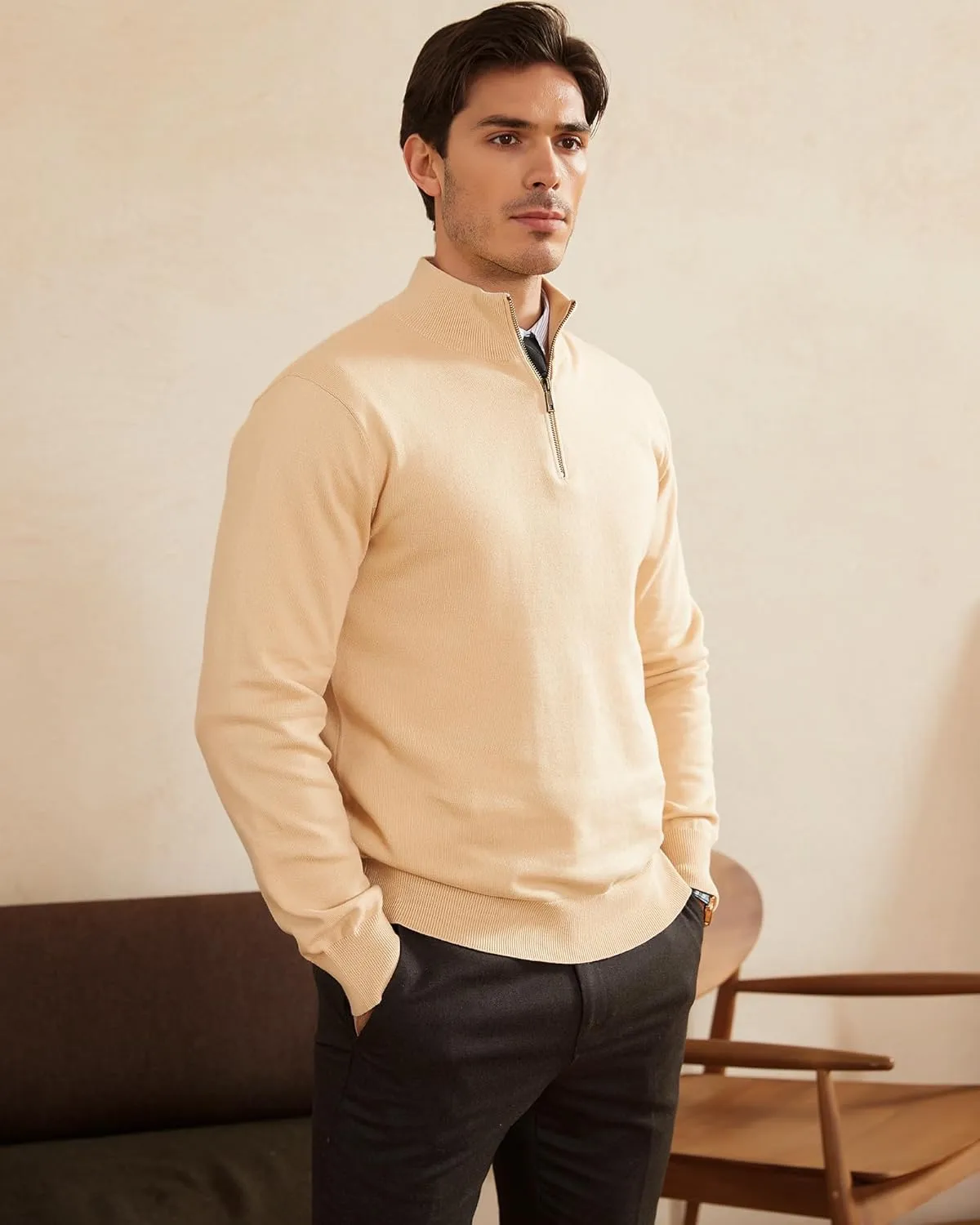 Kallspin Men's Quarter-Zip Sweater Pure Cotton Mock Neck Knit Long Sleeve Pullover Sweater