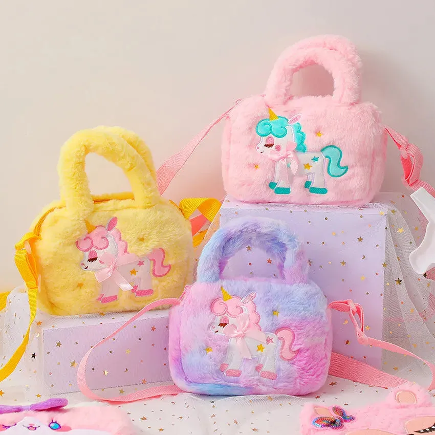 Kawaii Unicorn Plush Crossbody Purse 🦄✨ Fluffy Rainbow Handbag for Little Girls 🌈💖 Cute Cartoon Furry Shoulder Bag