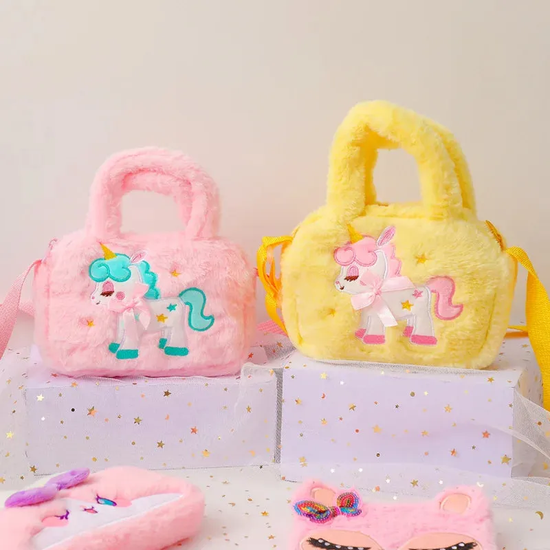 Kawaii Unicorn Plush Crossbody Purse 🦄✨ Fluffy Rainbow Handbag for Little Girls 🌈💖 Cute Cartoon Furry Shoulder Bag