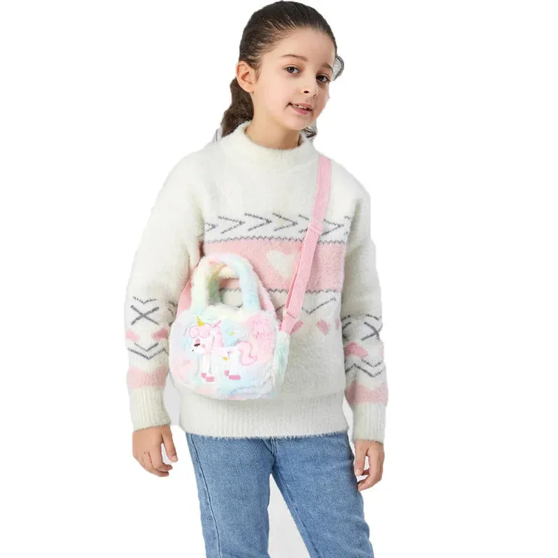 Kawaii Unicorn Plush Crossbody Purse 🦄✨ Fluffy Rainbow Handbag for Little Girls 🌈💖 Cute Cartoon Furry Shoulder Bag