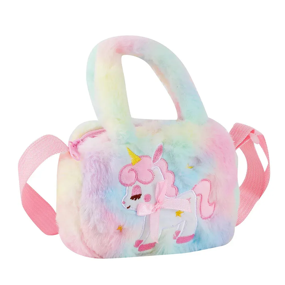 Kawaii Unicorn Plush Crossbody Purse 🦄✨ Fluffy Rainbow Handbag for Little Girls 🌈💖 Cute Cartoon Furry Shoulder Bag