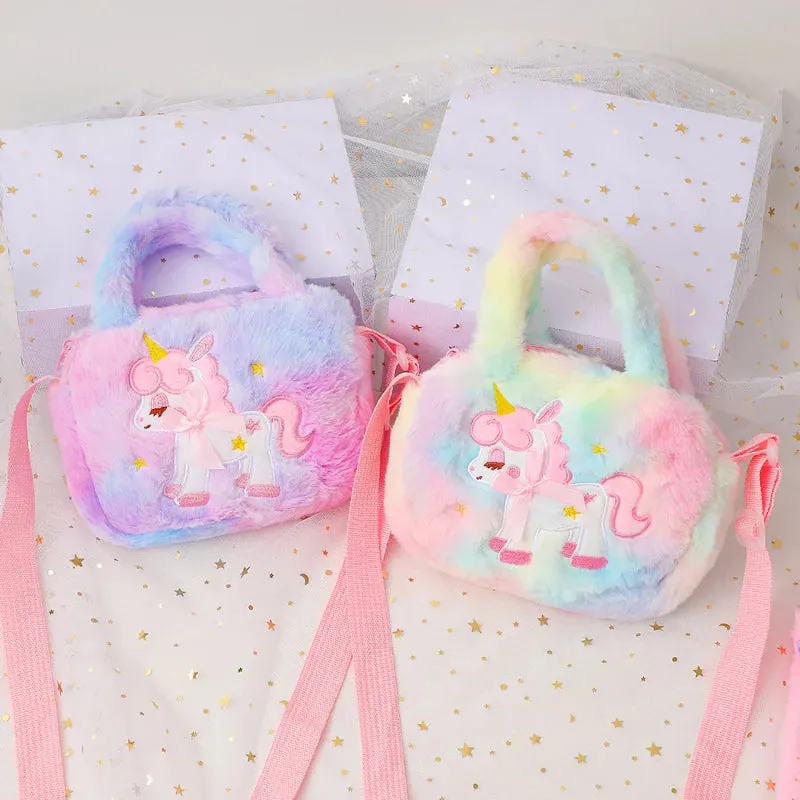 Kawaii Unicorn Plush Crossbody Purse 🦄✨ Fluffy Rainbow Handbag for Little Girls 🌈💖 Cute Cartoon Furry Shoulder Bag