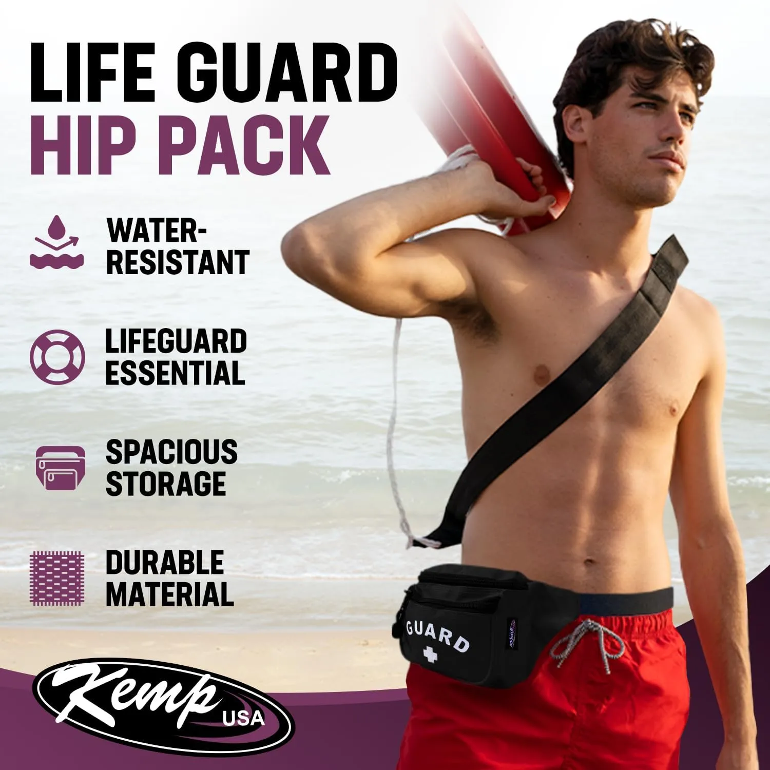 Kemp USA – Lifeguard Fanny Pack/Hip Pack with GUARD Logo - Water-Resistant and Durable Waist Bag for Medical Supplies & Lifeguard Gear - Black