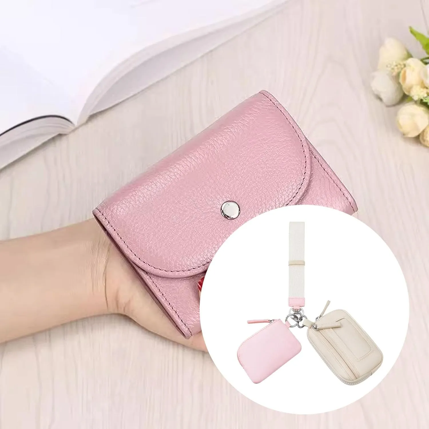 Keychain Wristlet Wallet Small Wallet with Keyring Organizer Waterproof Casual Women Men Purse for Party Shopping Backpacking, Pink Beige