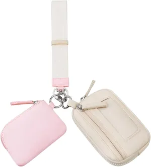 Keychain Wristlet Wallet Small Wallet with Keyring Organizer Waterproof Casual Women Men Purse for Party Shopping Backpacking, Pink Beige