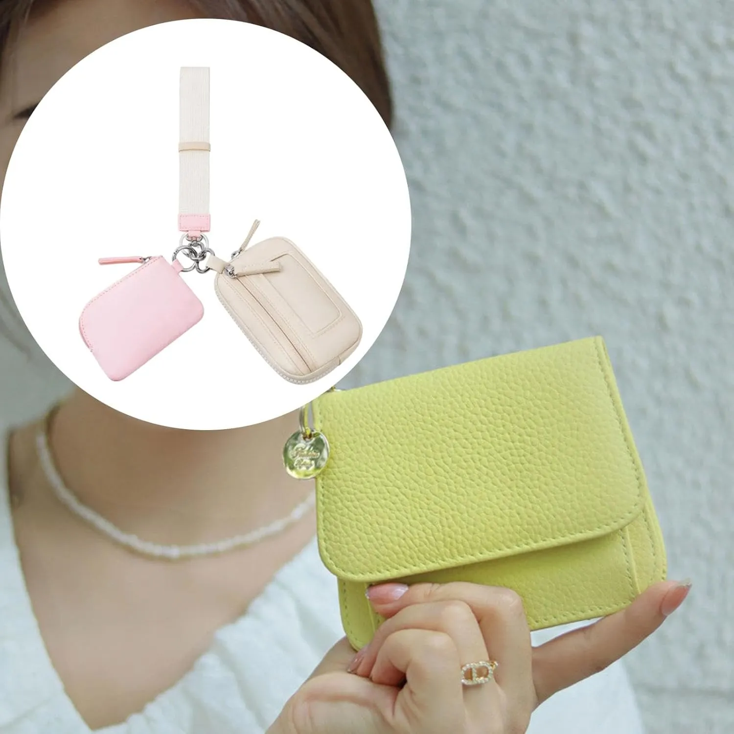 Keychain Wristlet Wallet Small Wallet with Keyring Organizer Waterproof Casual Women Men Purse for Party Shopping Backpacking, Pink Beige