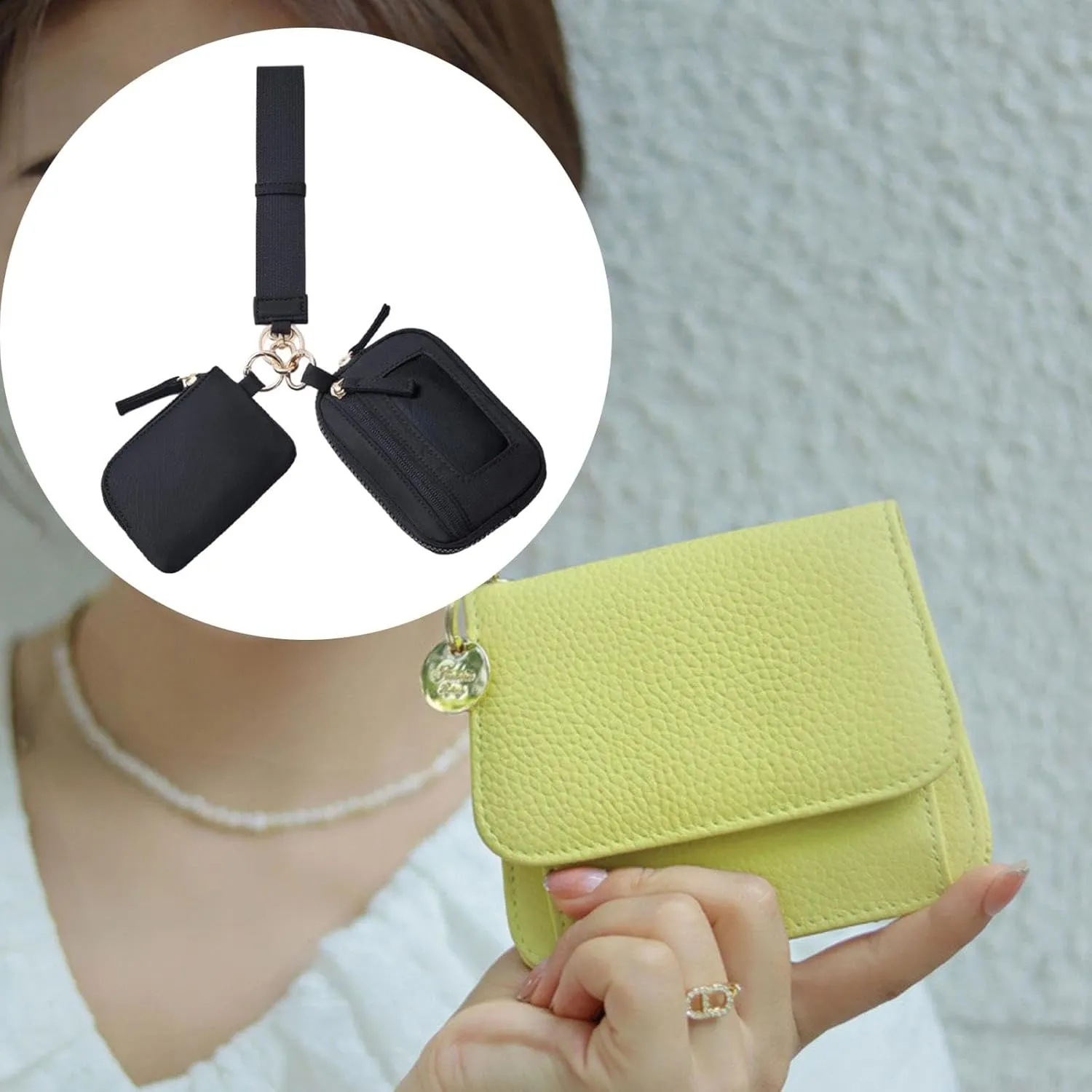 Keychain Wristlet Wallet Small Wallet with Keyring Trendy Waterproof Double Pouch Purse for Travel Trekking Backpacking Camping, Black