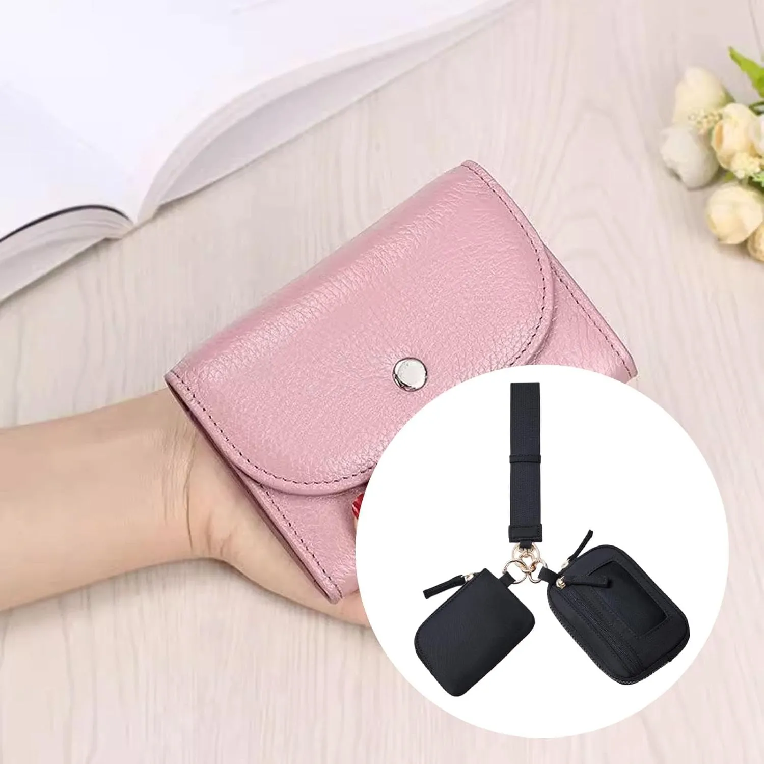 Keychain Wristlet Wallet Small Wallet with Keyring Trendy Waterproof Double Pouch Purse for Travel Trekking Backpacking Camping, Black