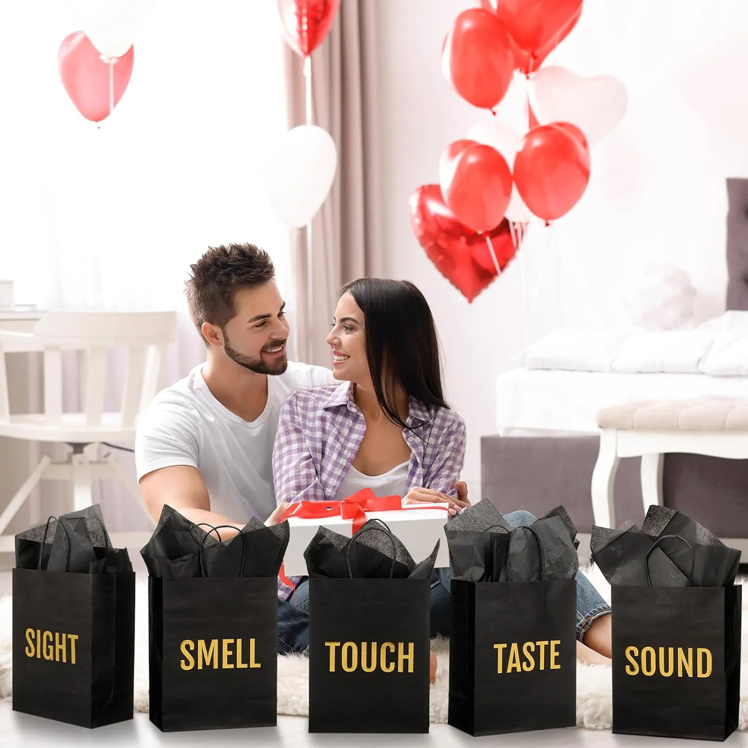 Kolldenn 5 Senses Gift Bags for Him for Her with 10 Pcs Tissue Paper, Paper Bags with Handles Five Senses Gifts for Valentines Christmas Birthday Wedding Anniversary(Black,10.2 x 4.7 x 13 Inch)