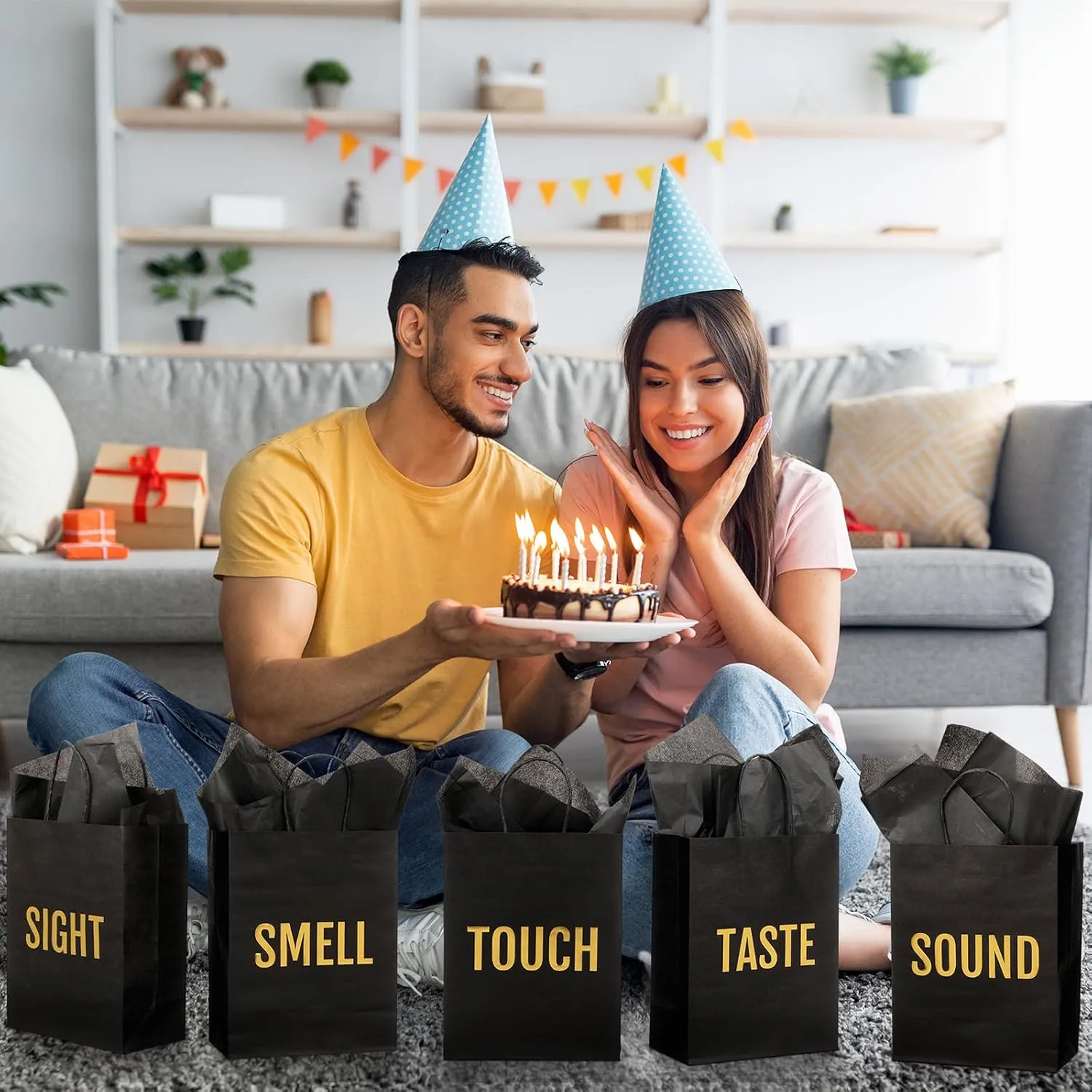 Kolldenn 5 Senses Gift Bags for Him for Her with 10 Pcs Tissue Paper, Paper Bags with Handles Five Senses Gifts for Valentines Christmas Birthday Wedding Anniversary(Black,10.2 x 4.7 x 13 Inch)