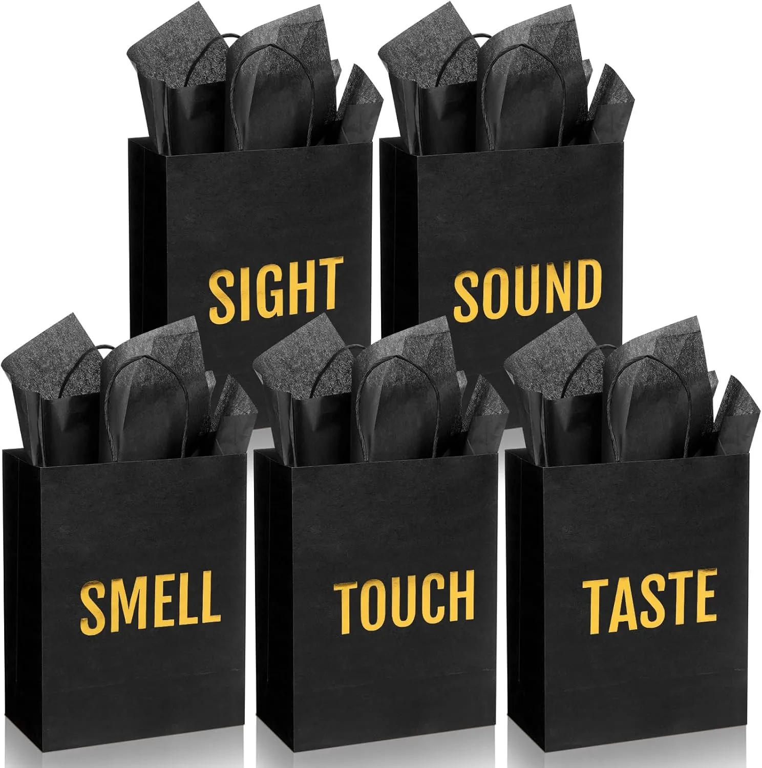 Kolldenn 5 Senses Gift Bags for Him for Her with 10 Pcs Tissue Paper, Paper Bags with Handles Five Senses Gifts for Valentines Christmas Birthday Wedding Anniversary(Black,10.2 x 4.7 x 13 Inch)