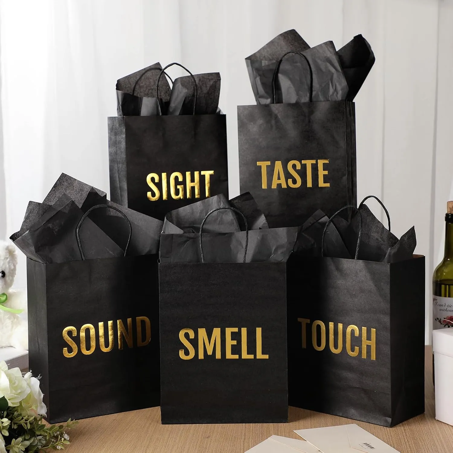 Kolldenn 5 Senses Gift Bags for Him for Her with 10 Pcs Tissue Paper, Paper Bags with Handles Five Senses Gifts for Valentines Christmas Birthday Wedding Anniversary(Black,10.2 x 4.7 x 13 Inch)