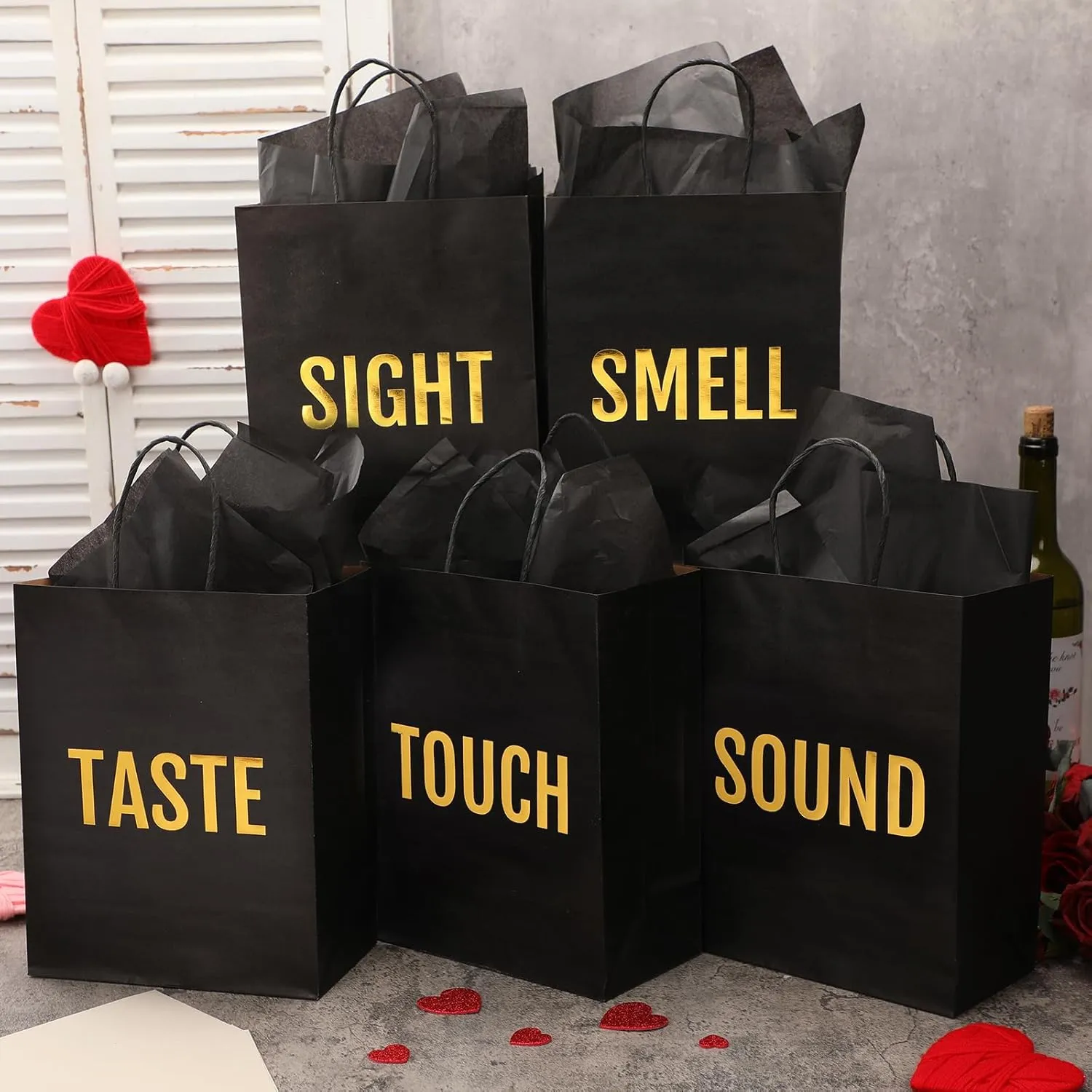 Kolldenn 5 Senses Gift Bags for Him for Her with 10 Pcs Tissue Paper, Paper Bags with Handles Five Senses Gifts for Valentines Christmas Birthday Wedding Anniversary(Black,10.2 x 4.7 x 13 Inch)