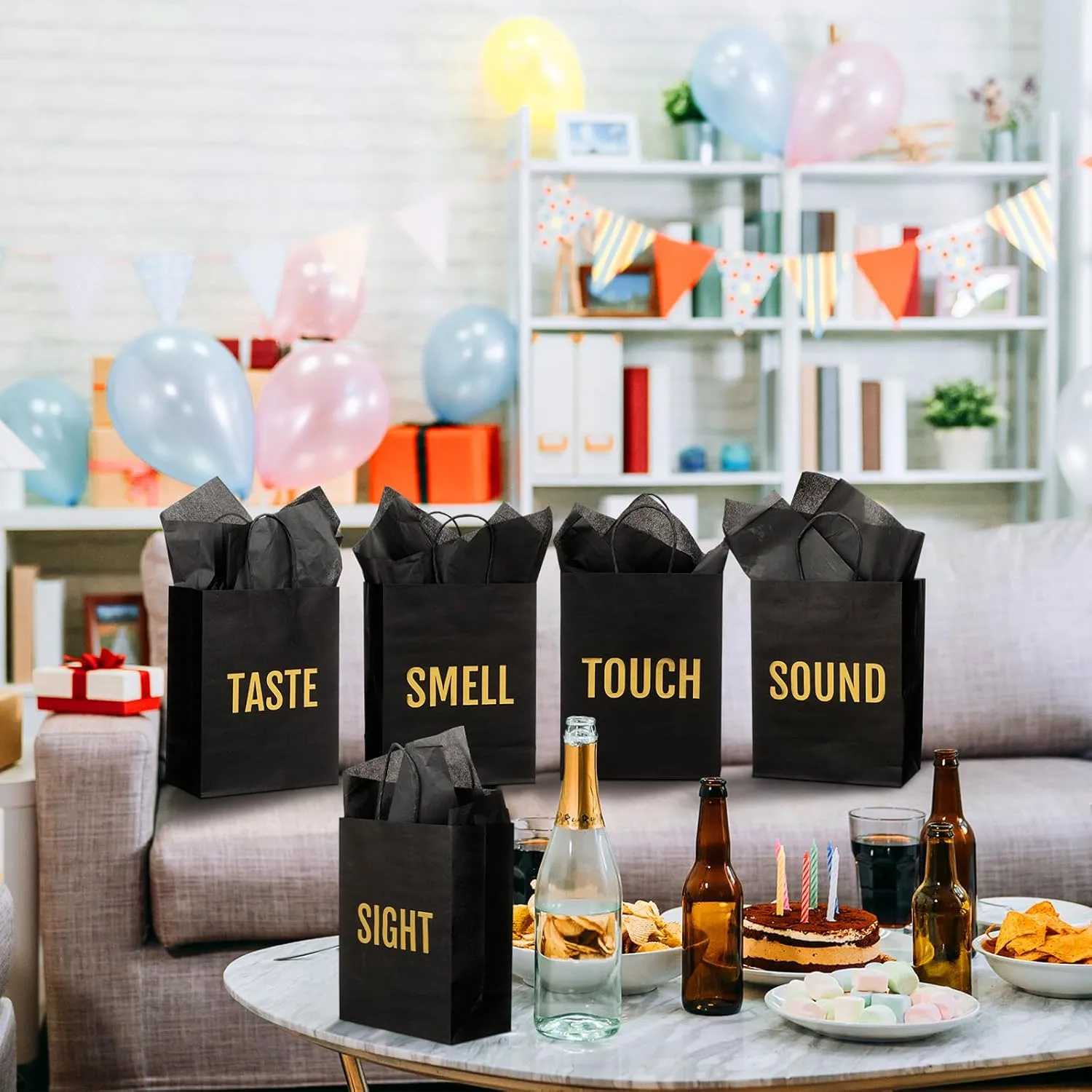 Kolldenn 5 Senses Gift Bags for Him for Her with 10 Pcs Tissue Paper, Paper Bags with Handles Five Senses Gifts for Valentines Christmas Birthday Wedding Anniversary(Black,10.2 x 4.7 x 13 Inch)
