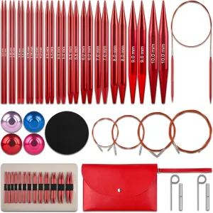 KoovDem Interchangeable Circular Knitting Needles Set - 13 Pairs | Premium Aluminum Knitting Needles & Accessories | Red