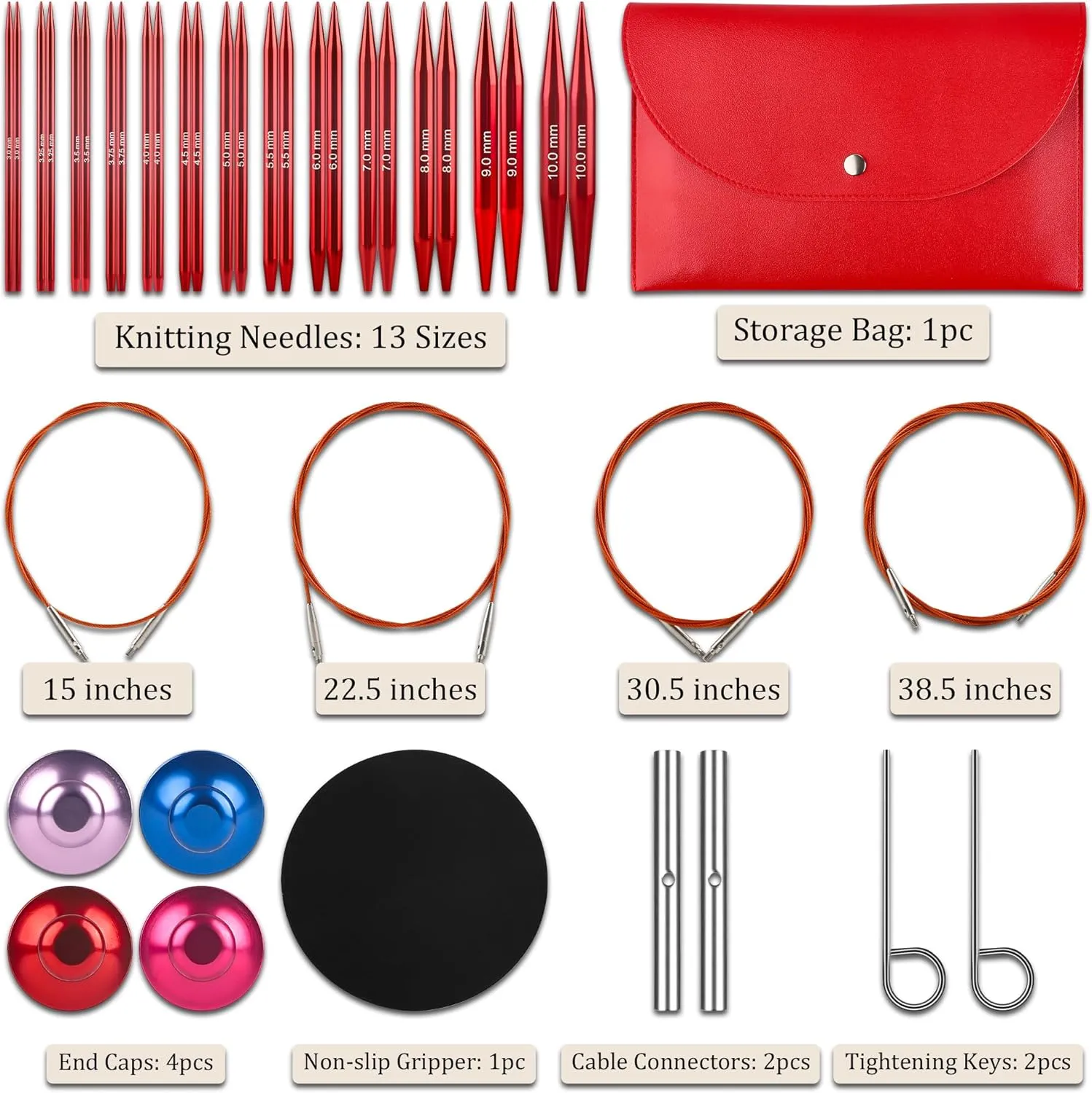 KoovDem Interchangeable Circular Knitting Needles Set - 13 Pairs | Premium Aluminum Knitting Needles & Accessories | Red