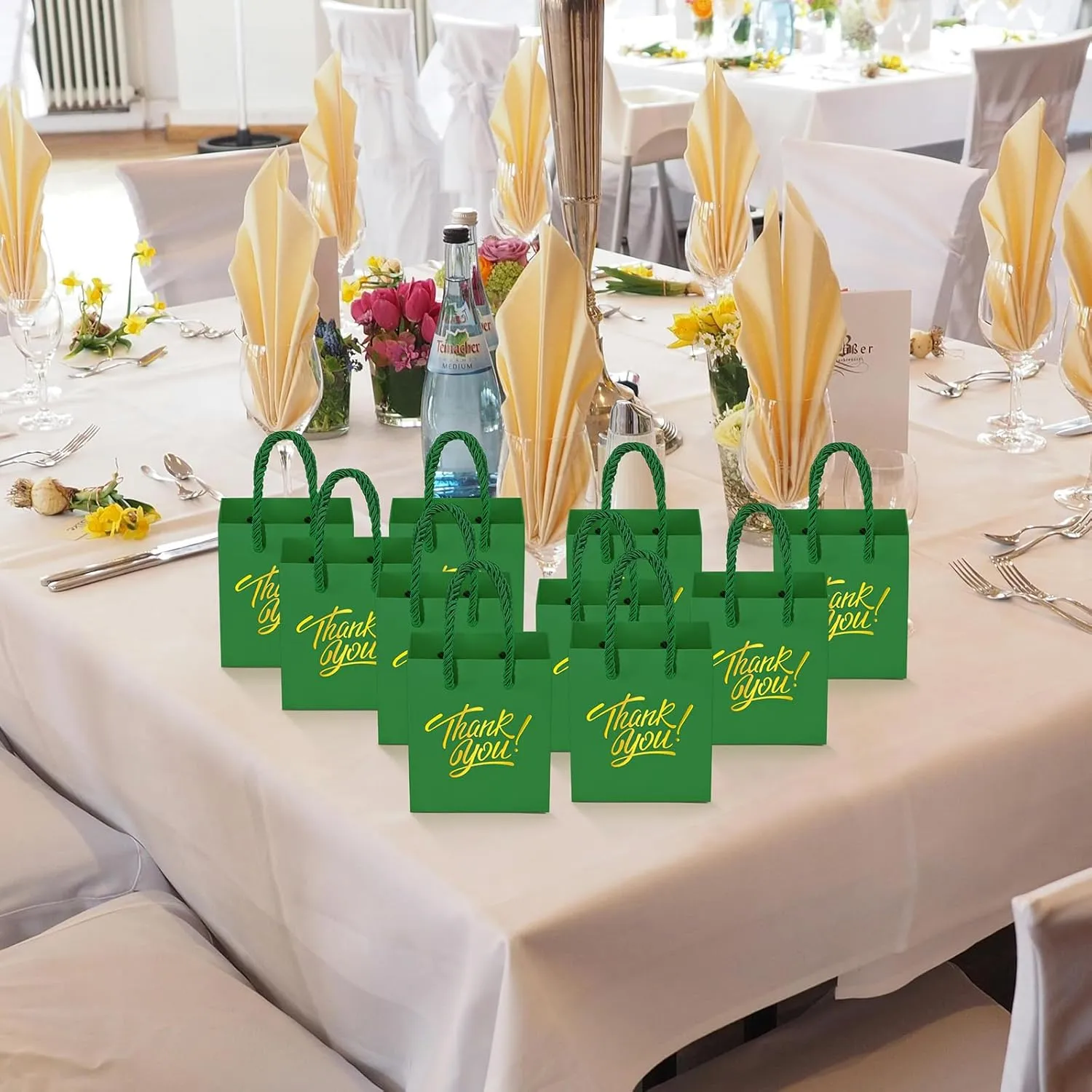 KPOSIYA Mini Gift Bags with Handles, 35pcs Small Gift Bags, 4 x 2.75 x 4.5 Green & Gold for Christmas, Thanksgiving, Party Favors