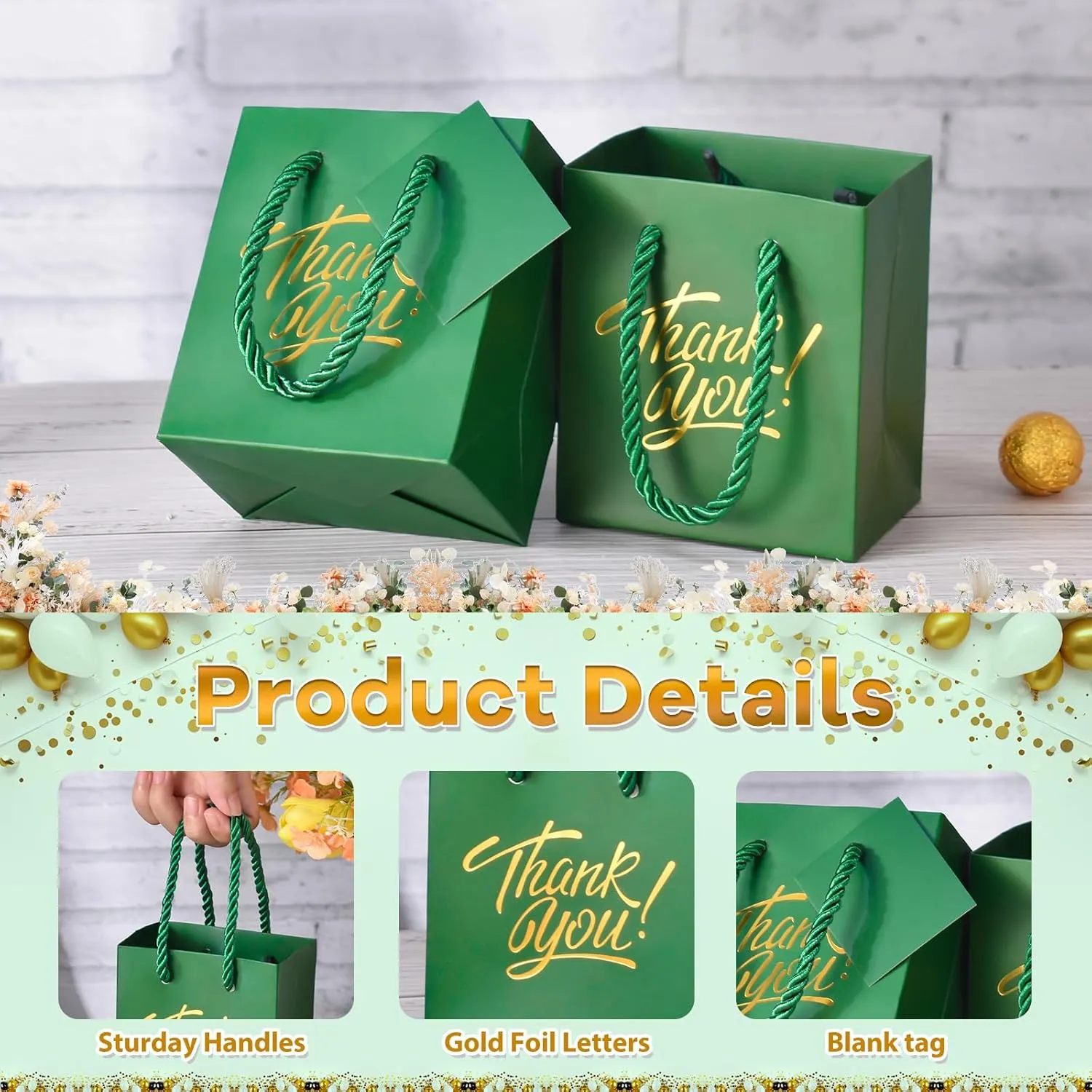 KPOSIYA Mini Gift Bags with Handles, 35pcs Small Gift Bags, 4 x 2.75 x 4.5 Green & Gold for Christmas, Thanksgiving, Party Favors