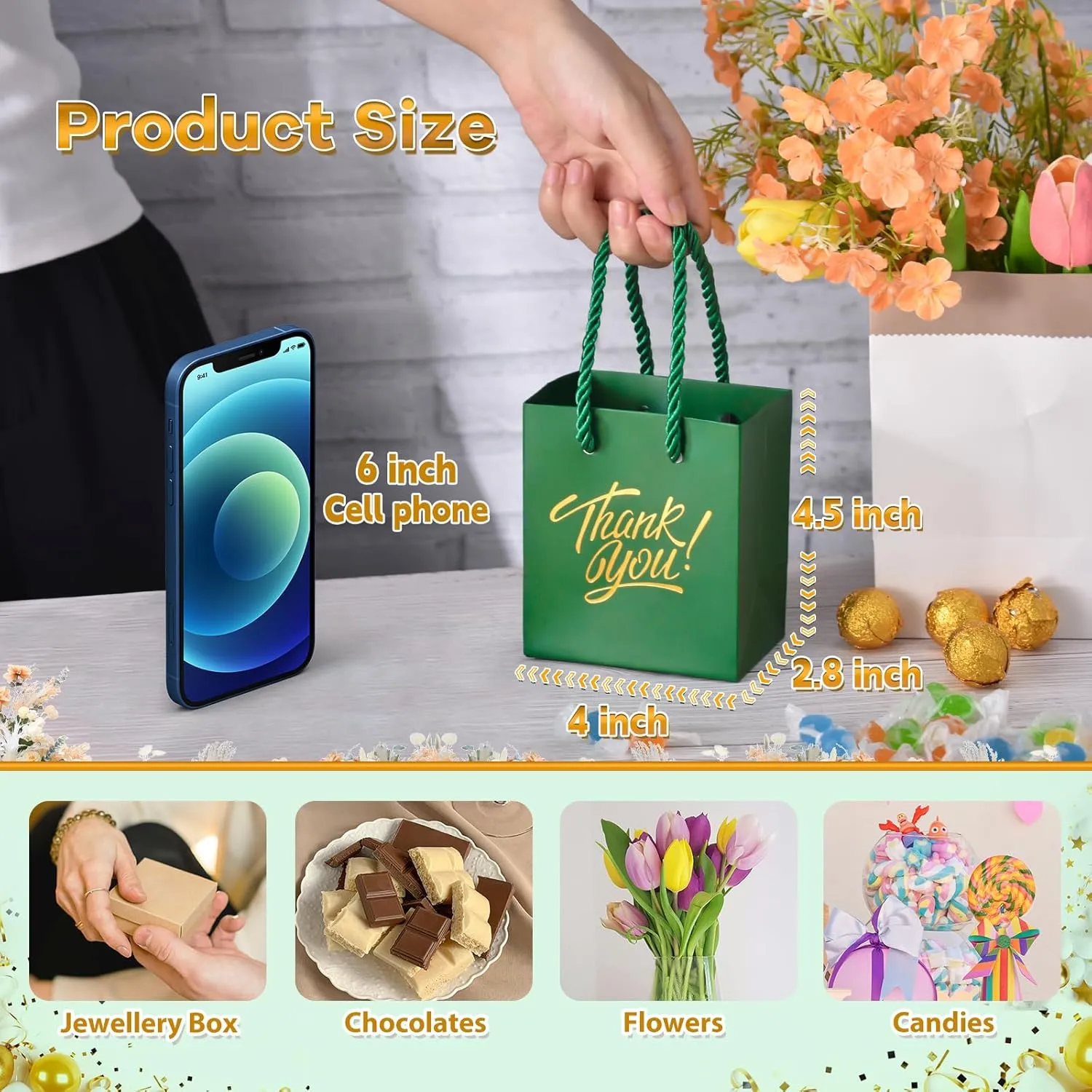 KPOSIYA Mini Gift Bags with Handles, 35pcs Small Gift Bags, 4 x 2.75 x 4.5 Green & Gold for Christmas, Thanksgiving, Party Favors