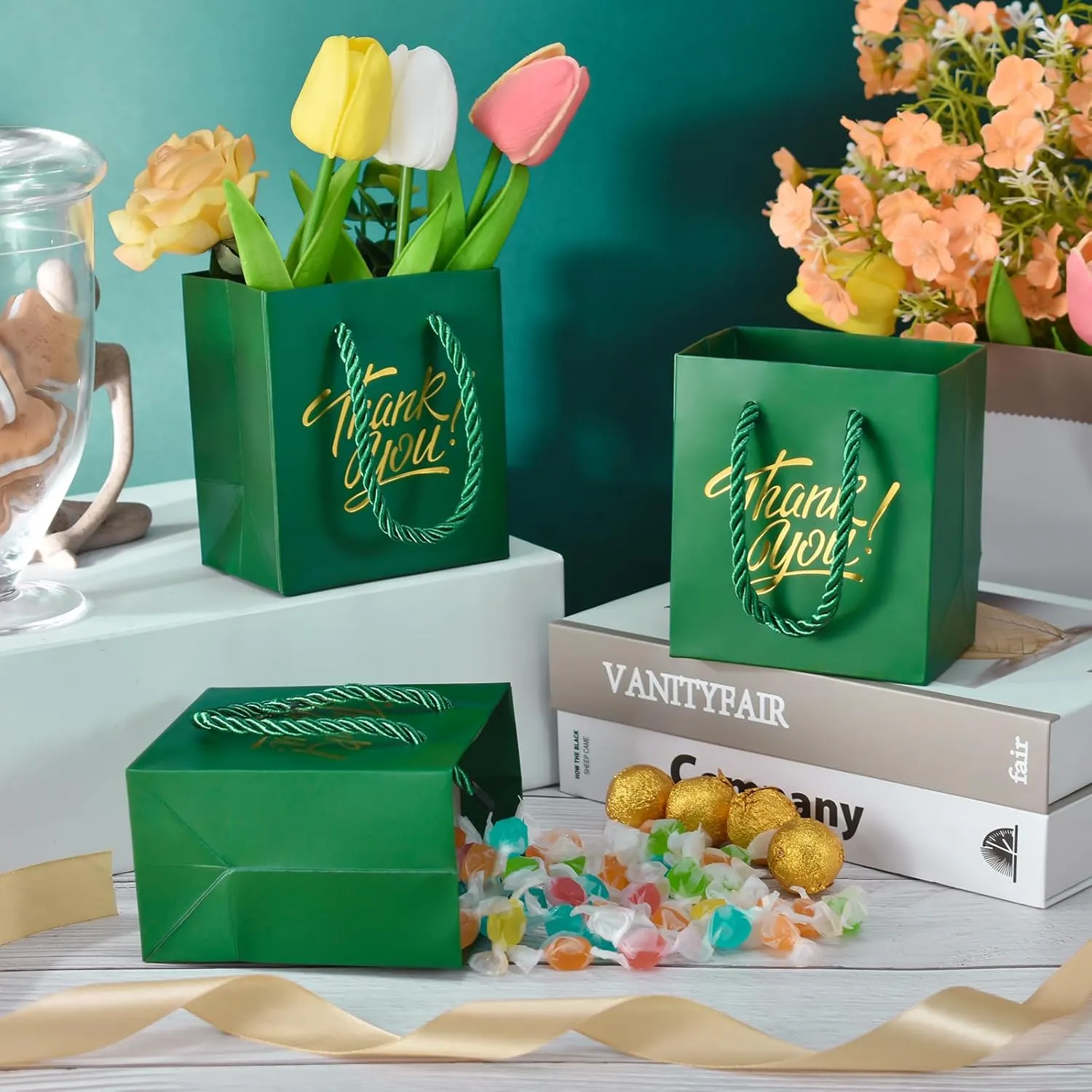 KPOSIYA Mini Gift Bags with Handles, 35pcs Small Gift Bags, 4 x 2.75 x 4.5 Green & Gold for Christmas, Thanksgiving, Party Favors