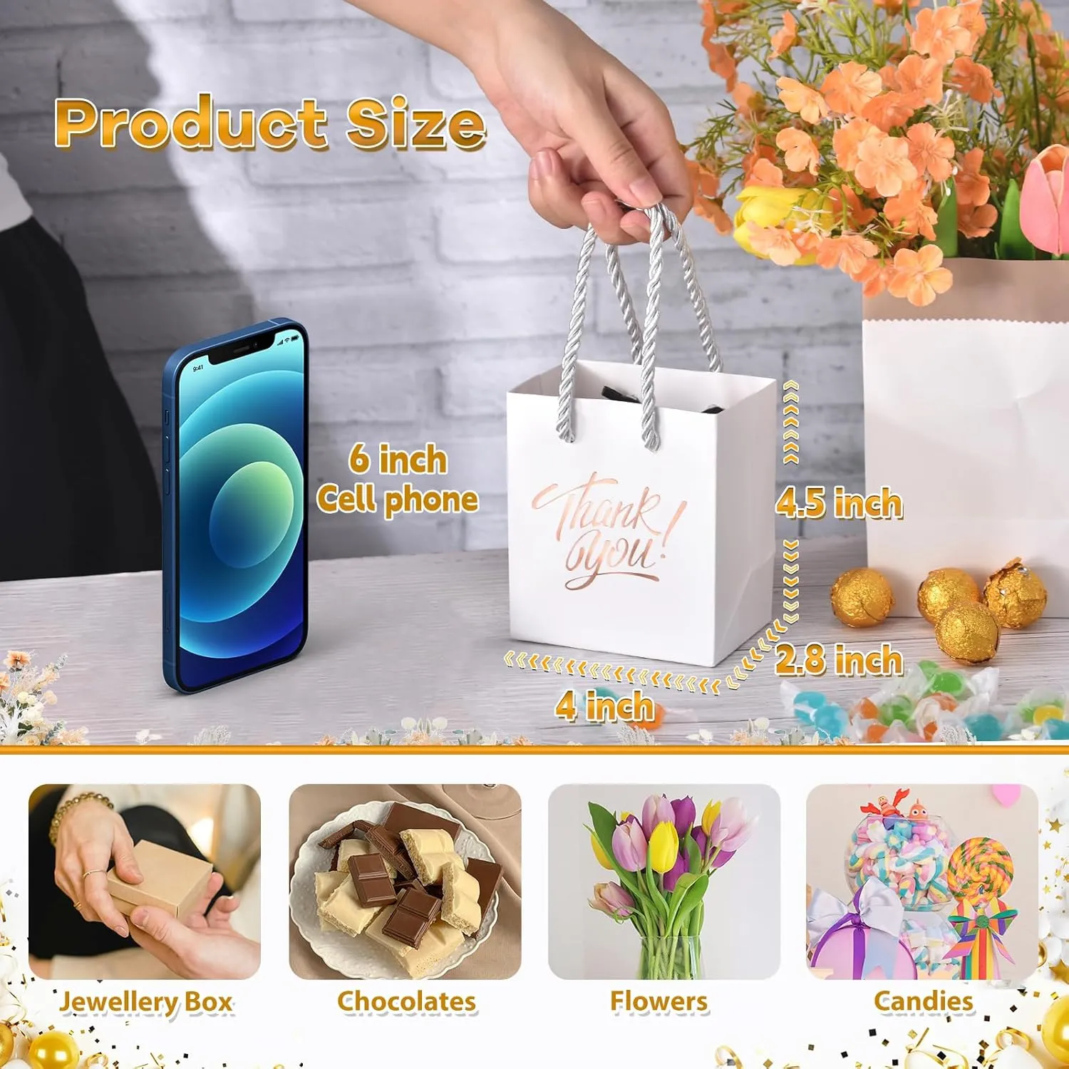 KPOSIYA Mini Gift Bags with Handles, 35pcs Small Gift Bags, 4 x 2.75 x 4.5 White with Tag for Christmas, Thanksgiving Party Favors (White Rose Gold)
