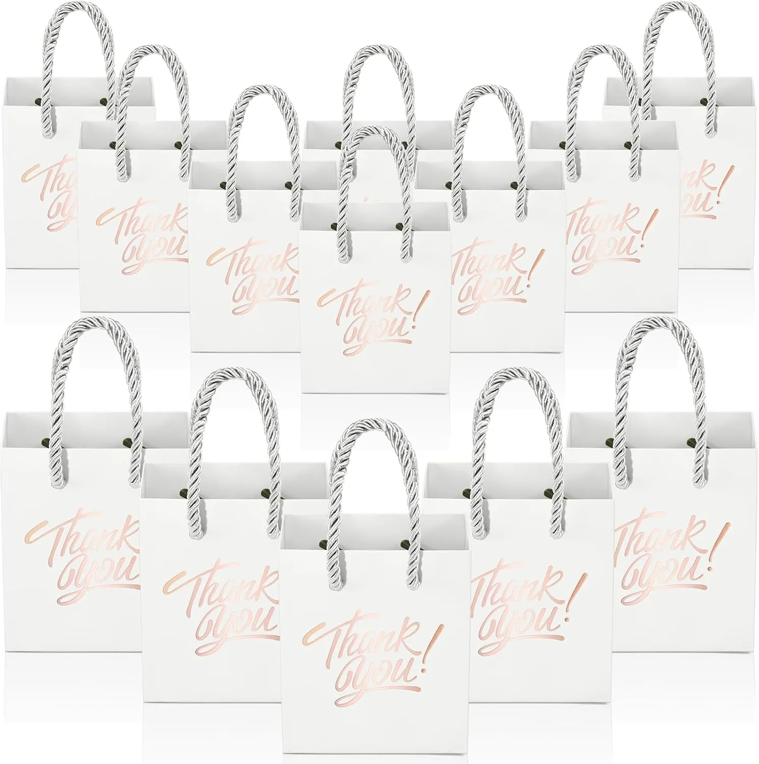 KPOSIYA Mini Gift Bags with Handles, 35pcs Small Gift Bags, 4 x 2.75 x 4.5 White with Tag for Christmas, Thanksgiving Party Favors (White Rose Gold)