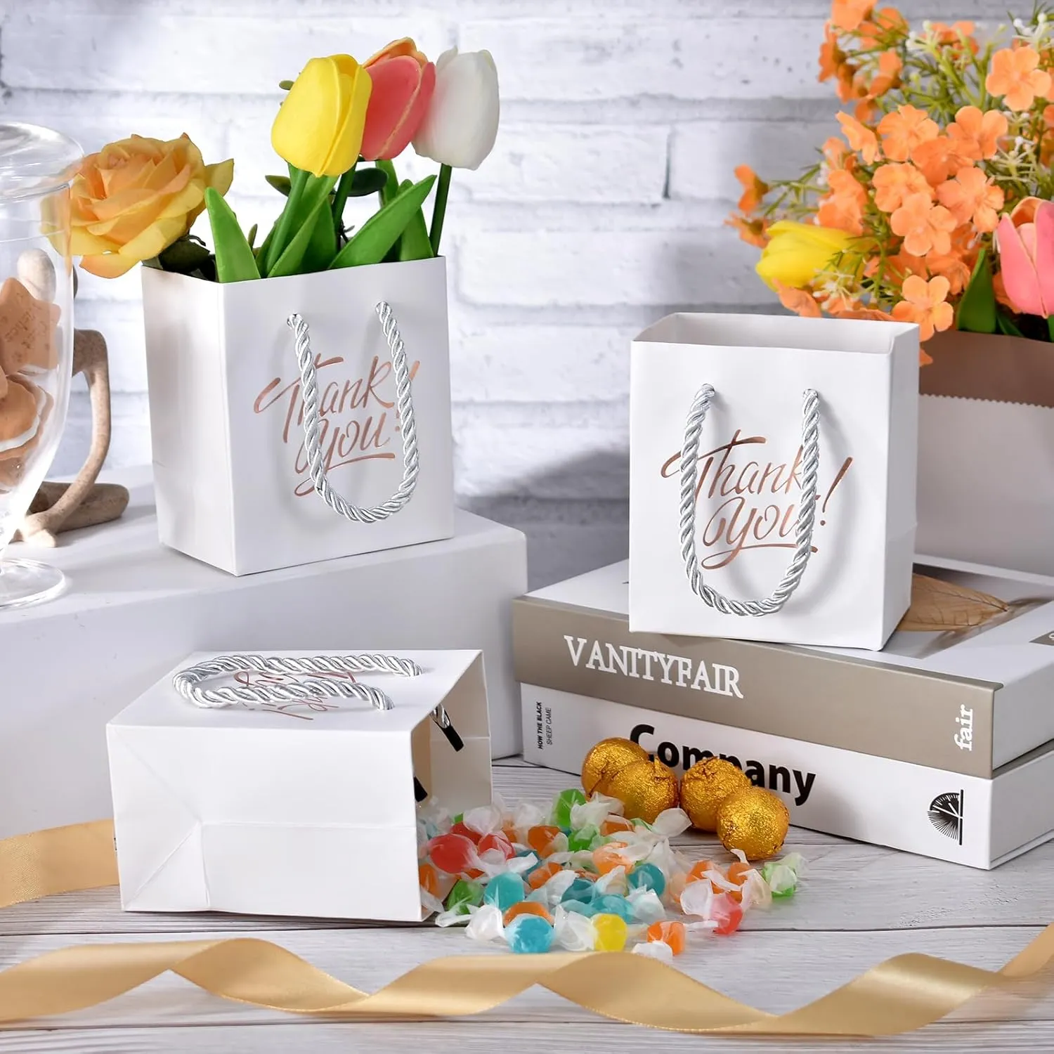 KPOSIYA Mini Gift Bags with Handles, 35pcs Small Gift Bags, 4 x 2.75 x 4.5 White with Tag for Christmas, Thanksgiving Party Favors (White Rose Gold)