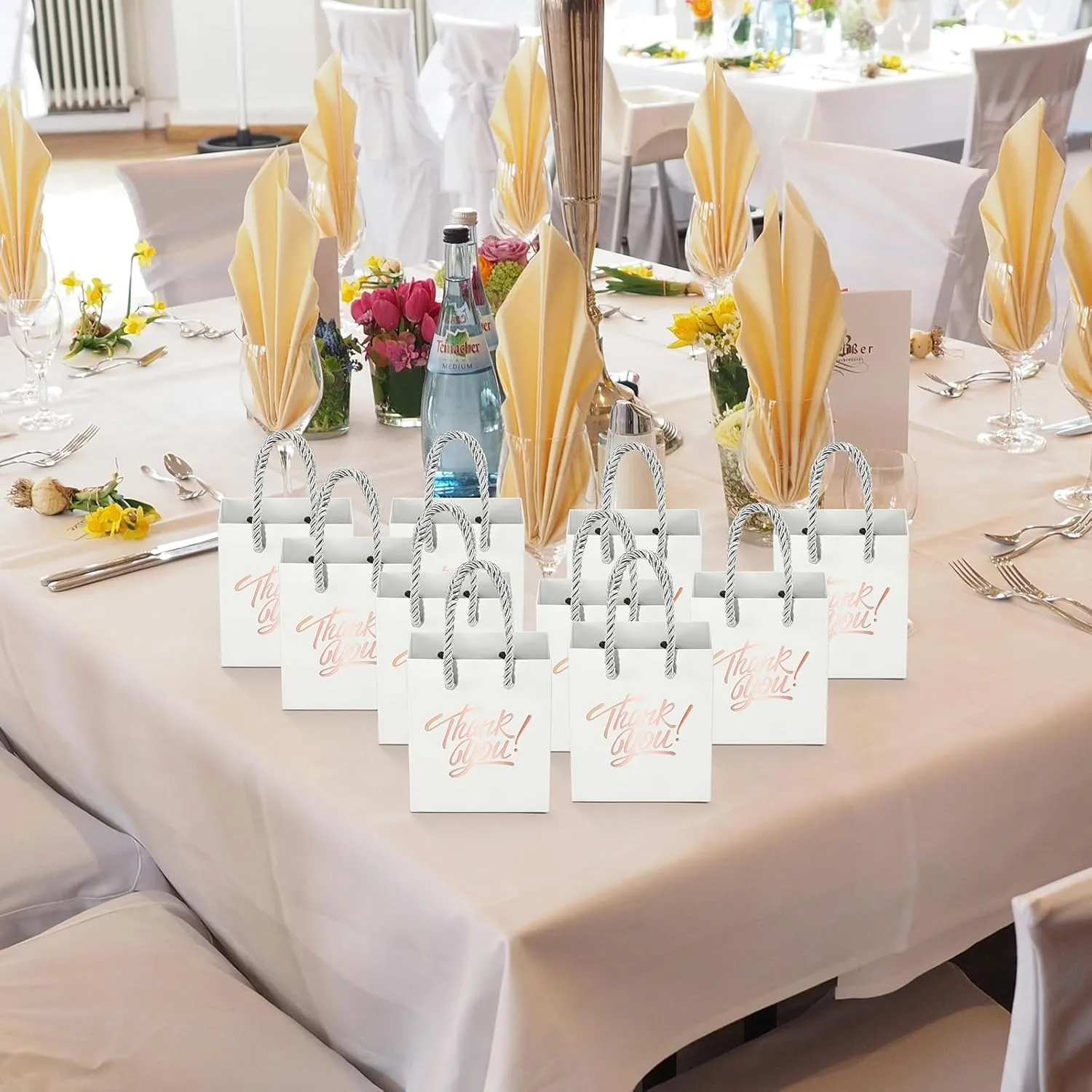 KPOSIYA Mini Gift Bags with Handles, 35pcs Small Gift Bags, 4 x 2.75 x 4.5 White with Tag for Christmas, Thanksgiving Party Favors (White Rose Gold)