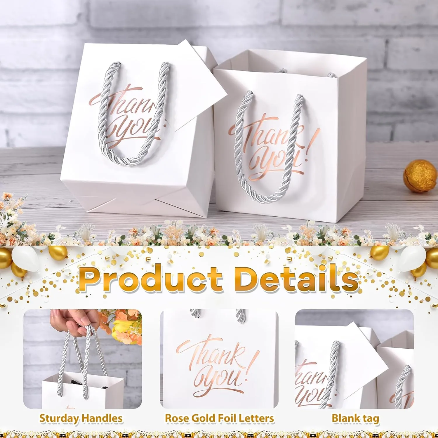 KPOSIYA Mini Gift Bags with Handles, 35pcs Small Gift Bags, 4 x 2.75 x 4.5 White with Tag for Christmas, Thanksgiving Party Favors (White Rose Gold)