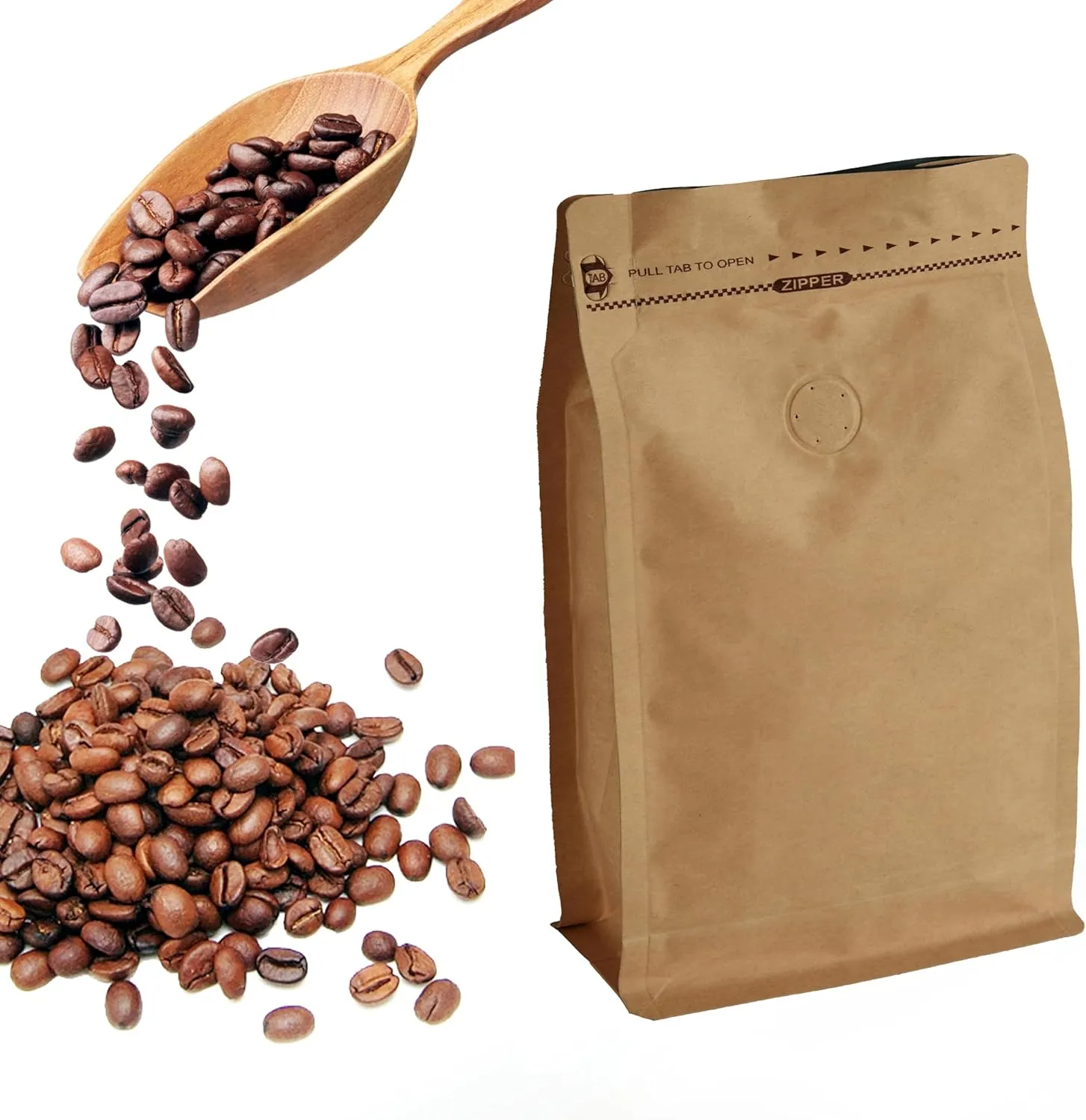 Kraft Paper Stand Up Coffee Bag/Flat Bottom Pouch with Air Release Valve and Reusable Side Zipper. (50pcs, 1lb/16oz)